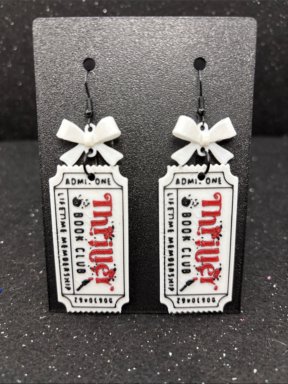 Thriller Book Club Ticket Earrings with White Bow